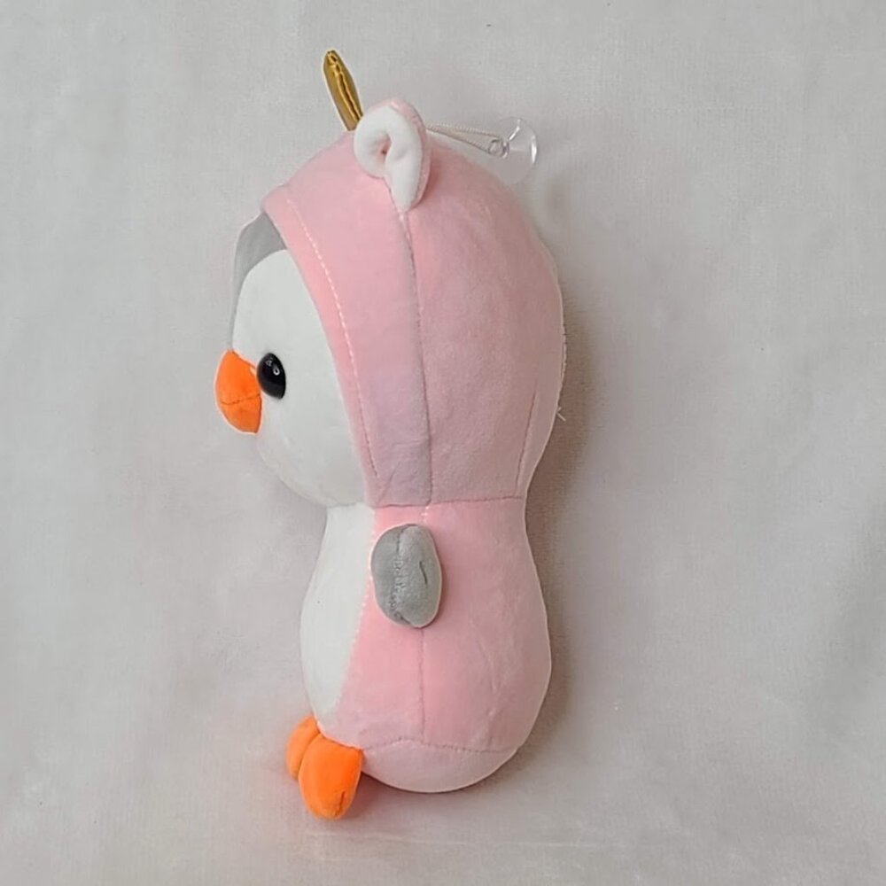 Penguin Doll in Pink Unicorn Hoodie Stuffed Plush Animal 10" Suction Hanger - Picture 5 of 7